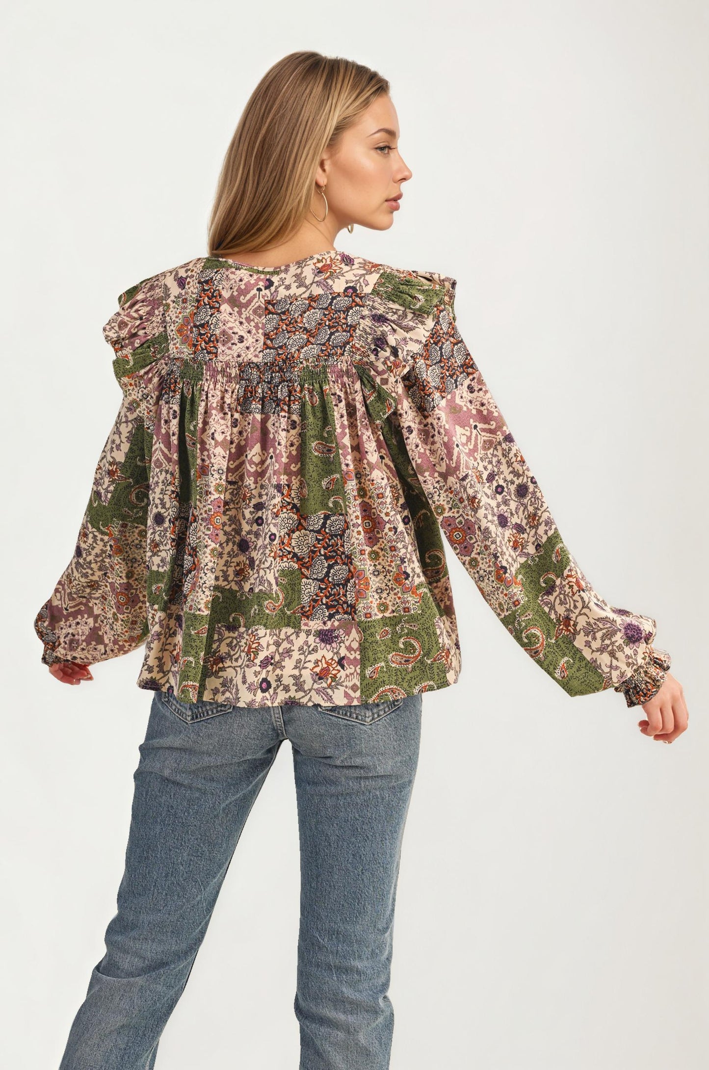 Boho Patchwork Ruffle Blouse with Tassel Tie Neckline