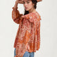 Boho Patchwork Ruffle Blouse with Tassel Tie Neckline