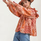 Boho Patchwork Ruffle Blouse with Tassel Tie Neckline