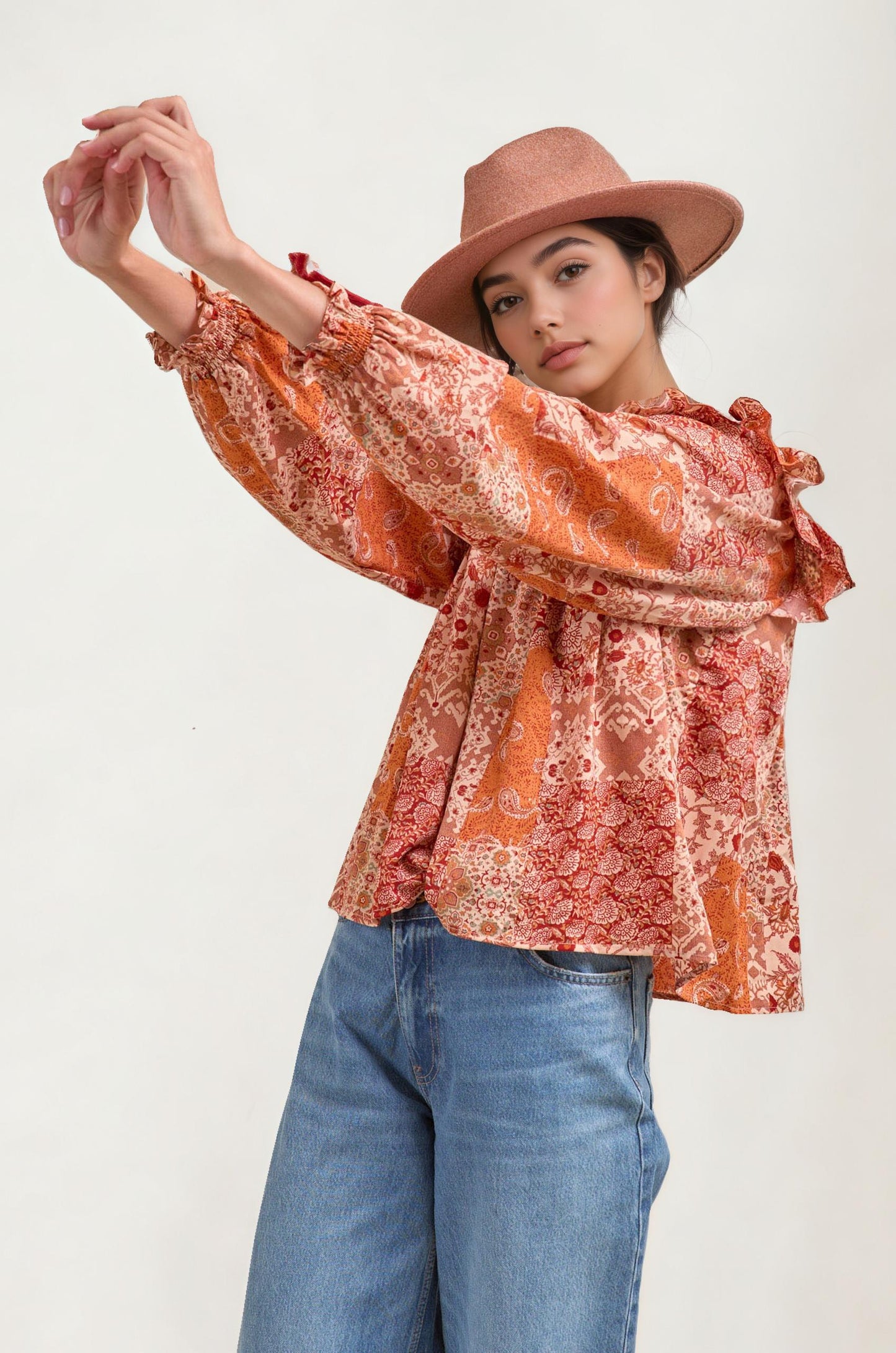 Boho Patchwork Ruffle Blouse with Tassel Tie Neckline