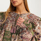 Boho Patchwork Ruffle Blouse with Tassel Tie Neckline