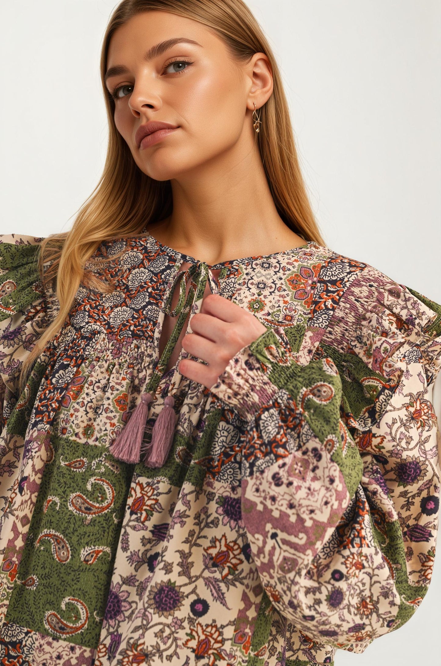 Boho Patchwork Ruffle Blouse with Tassel Tie Neckline