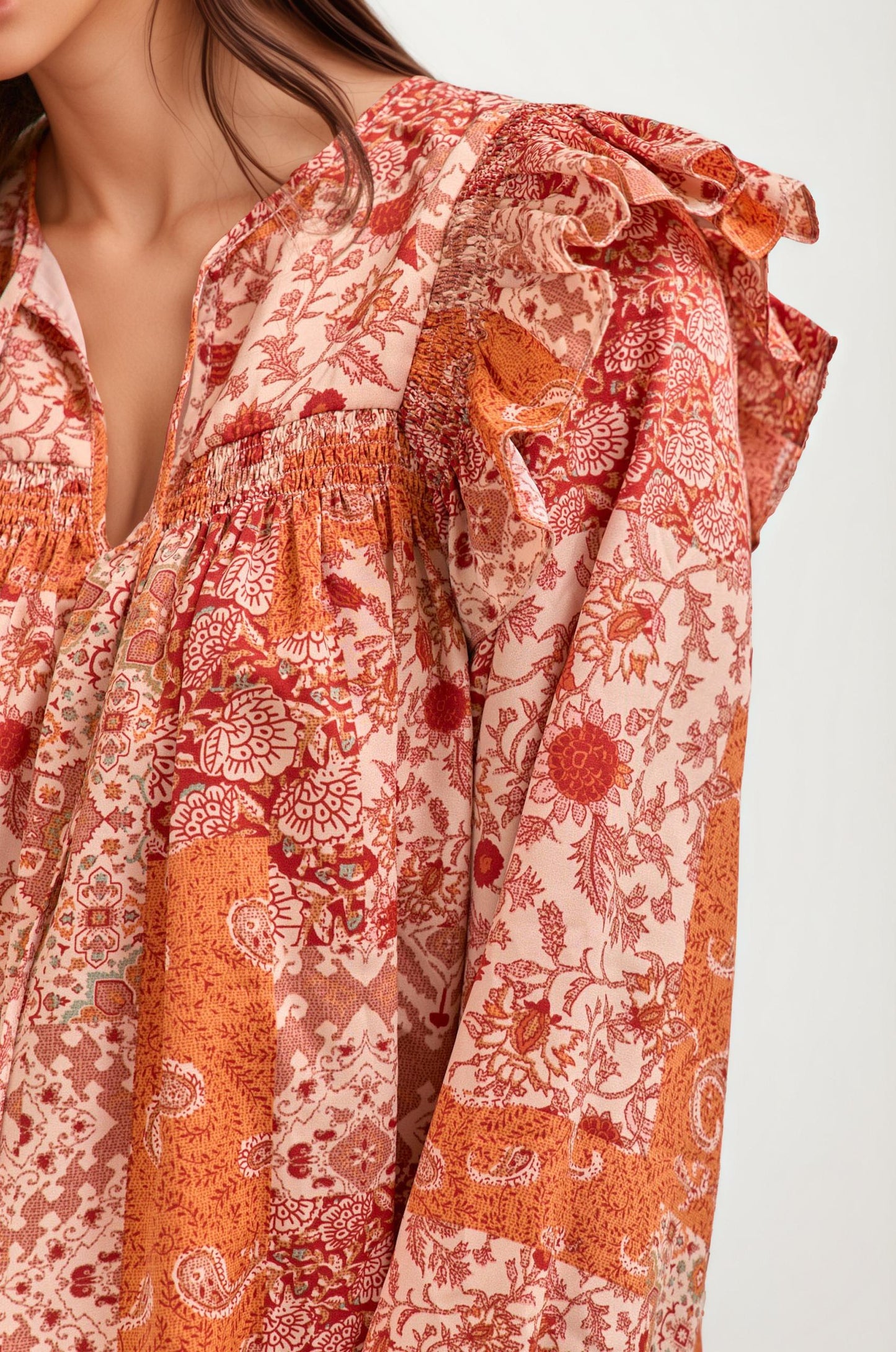 Boho Patchwork Ruffle Blouse with Tassel Tie Neckline