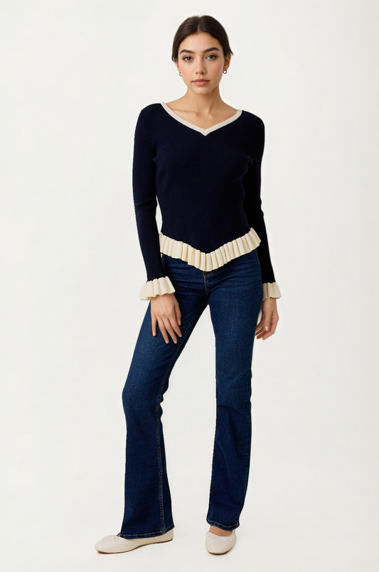 V-Neck Knit Sweater with Ruffle Trim