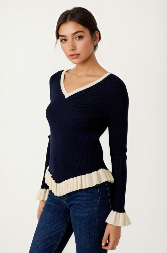 V-Neck Knit Sweater with Ruffle Trim