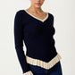 V-Neck Knit Sweater with Ruffle Trim