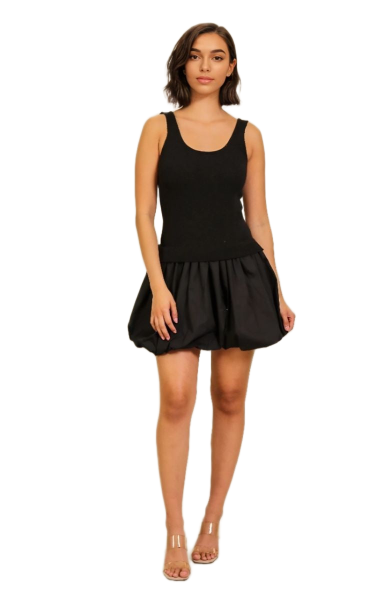 Sleek Black Knit Top and Woven Bubble Hem Mini Dress