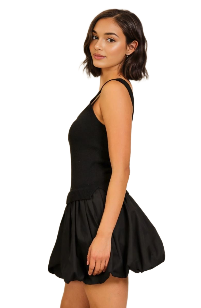 Sleek Black Knit Top and Woven Bubble Hem Mini Dress