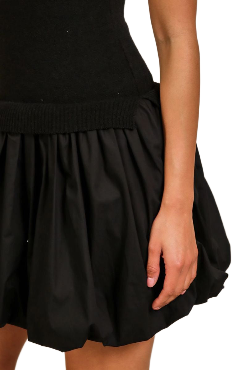 Sleek Black Knit Top and Woven Bubble Hem Mini Dress