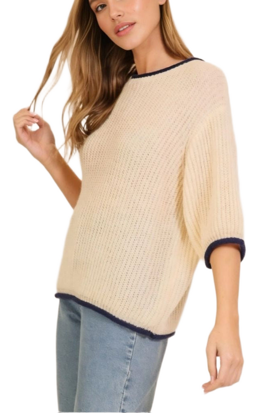 Ivory Knit Half-Sleeve Navy Trim Pullover Sweater