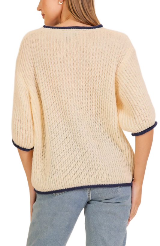 Ivory Knit Half-Sleeve Navy Trim Pullover Sweater