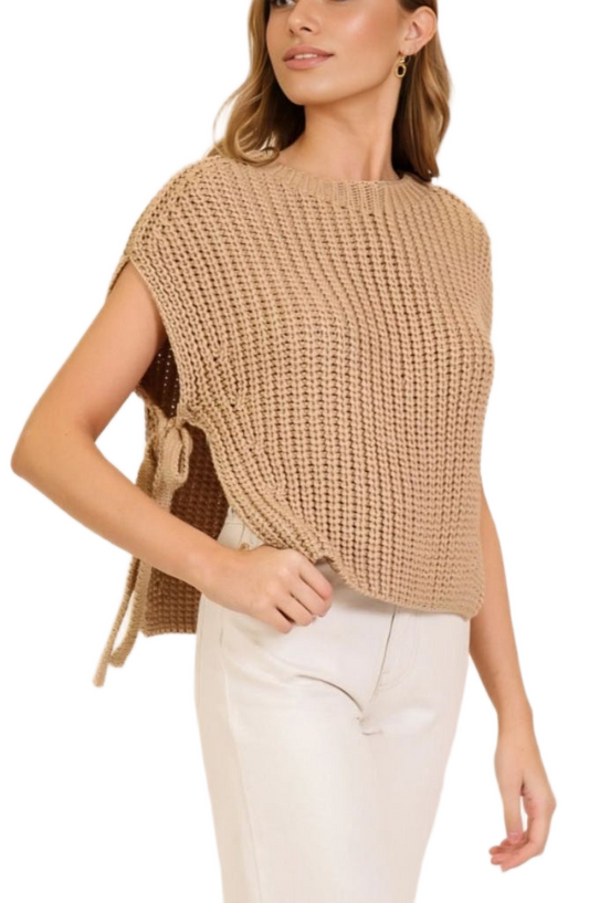 Camel Sleeveless Knit Sweater with Side Tie Detail