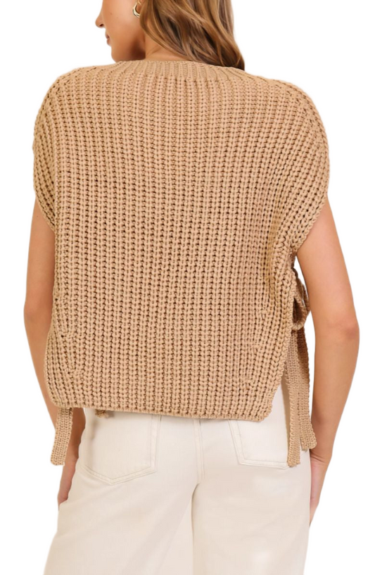 Camel Sleeveless Knit Sweater with Side Tie Detail