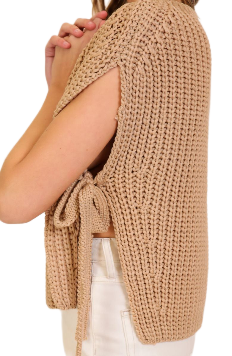 Camel Sleeveless Knit Sweater with Side Tie Detail