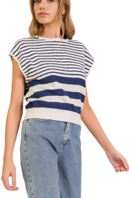 Navy and Ivory Striped Sleeveless Knit Pullover Sweater