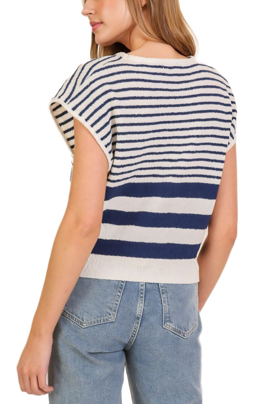 Navy and Ivory Striped Sleeveless Knit Pullover Sweater