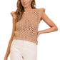 Camel Ruffle Cap Sleeve Crochet Open Knit Top