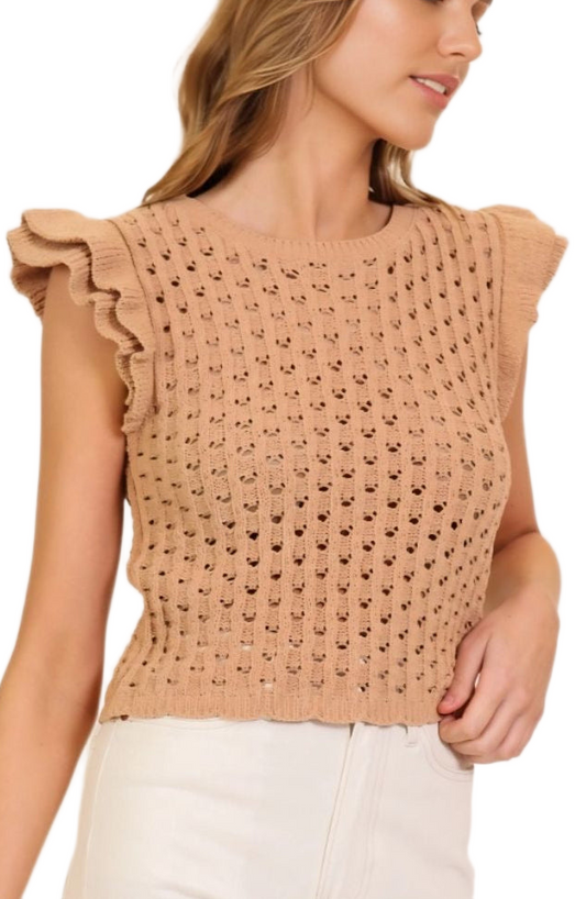 Camel Ruffle Cap Sleeve Crochet Open Knit Top