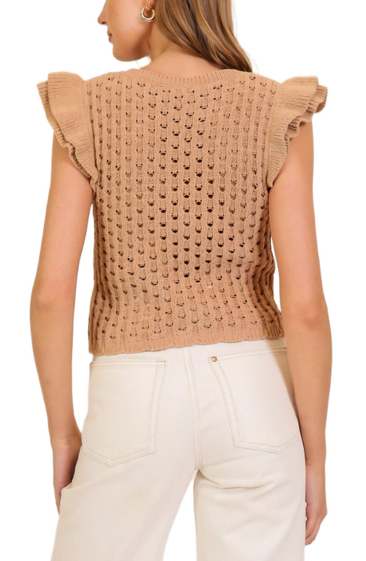 Camel Ruffle Cap Sleeve Crochet Open Knit Top