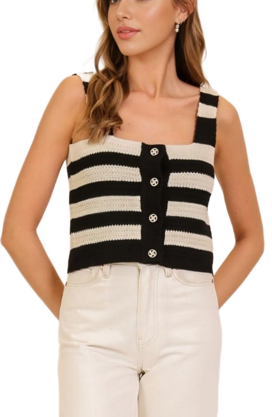 Black Ivory Striped Button-Front Square Neck Knit Tank