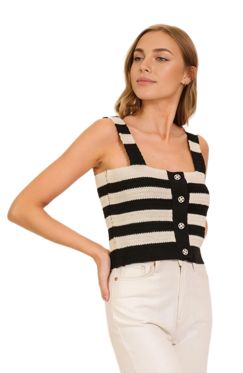 Black Ivory Striped Button-Front Square Neck Knit Tank