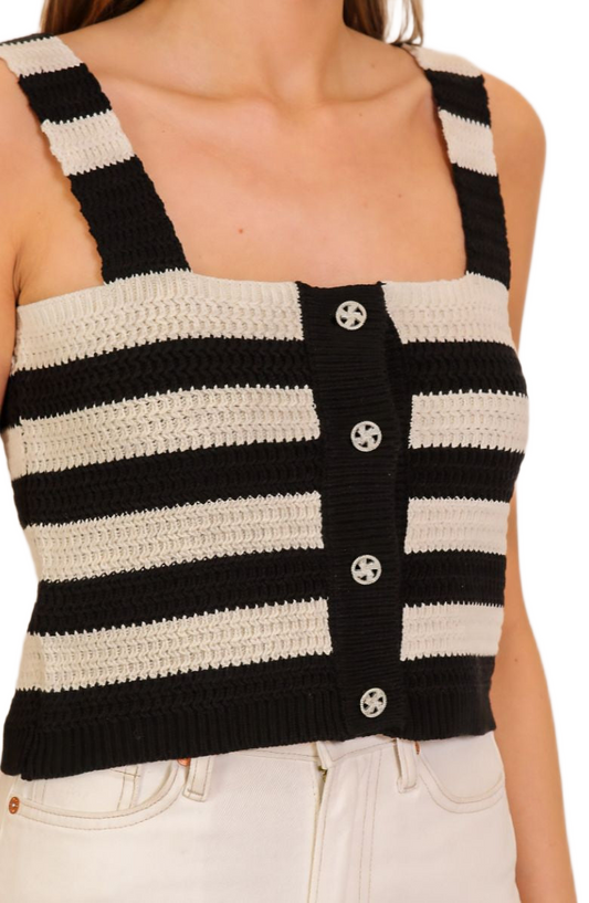 Black Ivory Striped Button-Front Square Neck Knit Tank