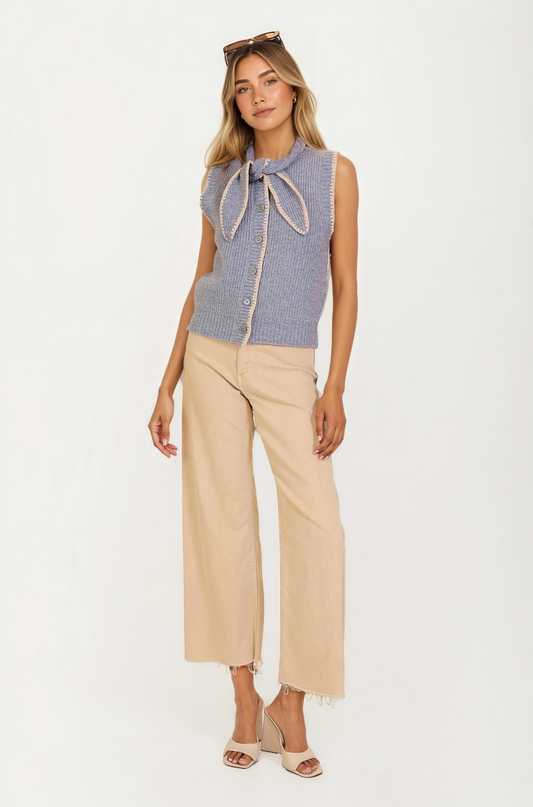 Sleeveless Knit Vest with Contrast Trim and Bow Detail