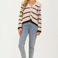 Striped Knit Cardigan with Wide Collar and Contrast Trim