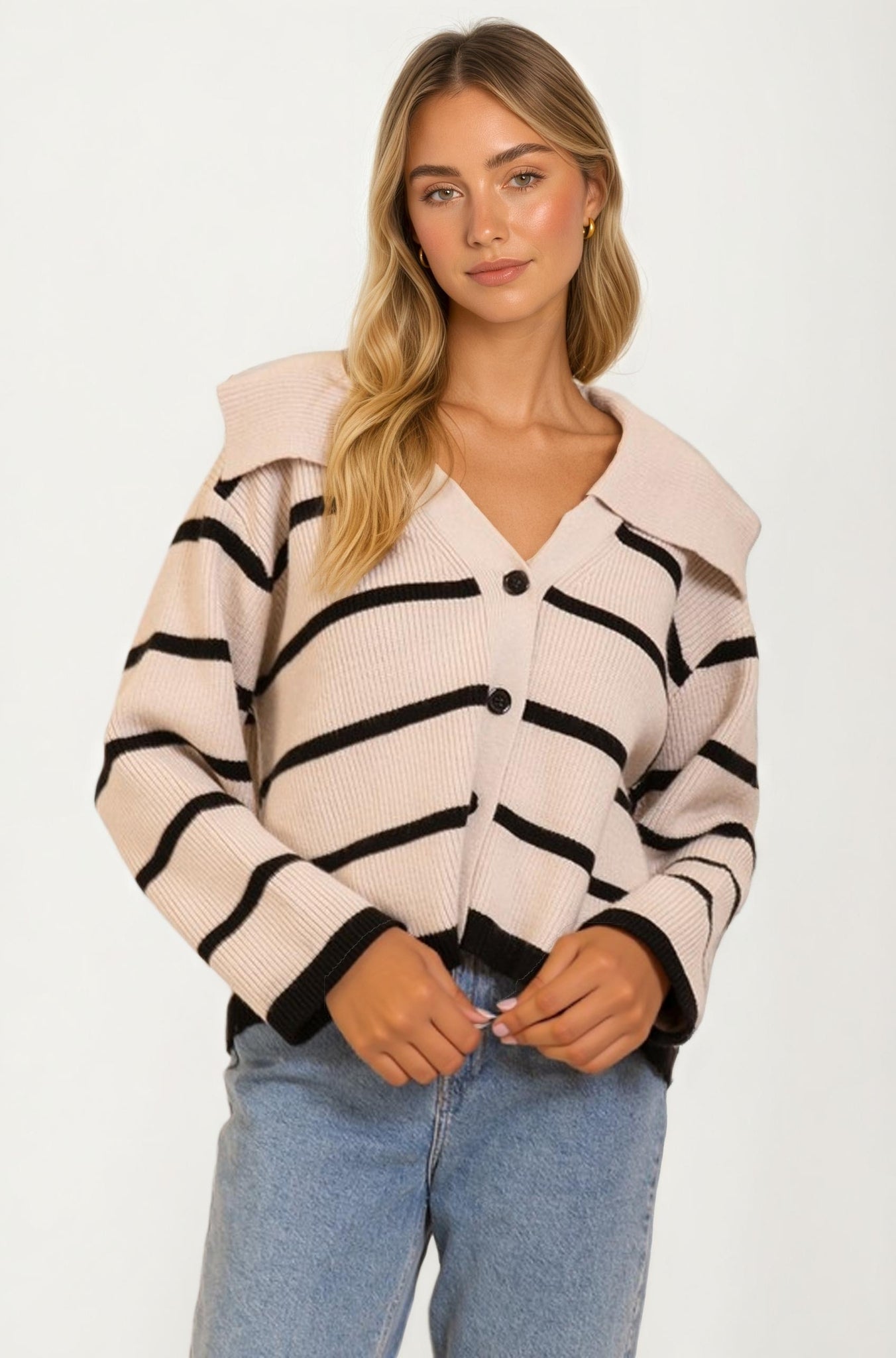 Striped Knit Cardigan with Wide Collar and Contrast Trim