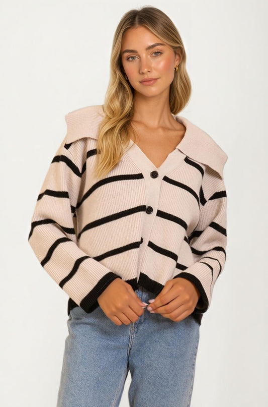 Striped Knit Cardigan with Wide Collar and Contrast Trim