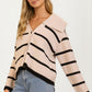 Striped Knit Cardigan with Wide Collar and Contrast Trim
