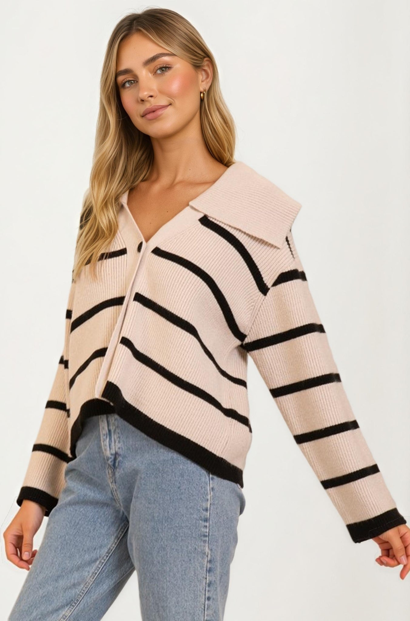 Striped Knit Cardigan with Wide Collar and Contrast Trim