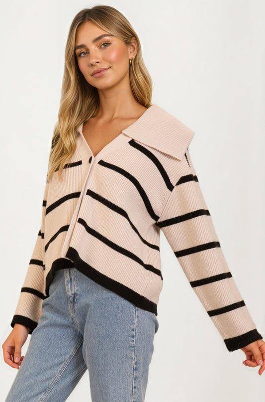Striped Knit Cardigan with Wide Collar and Contrast Trim