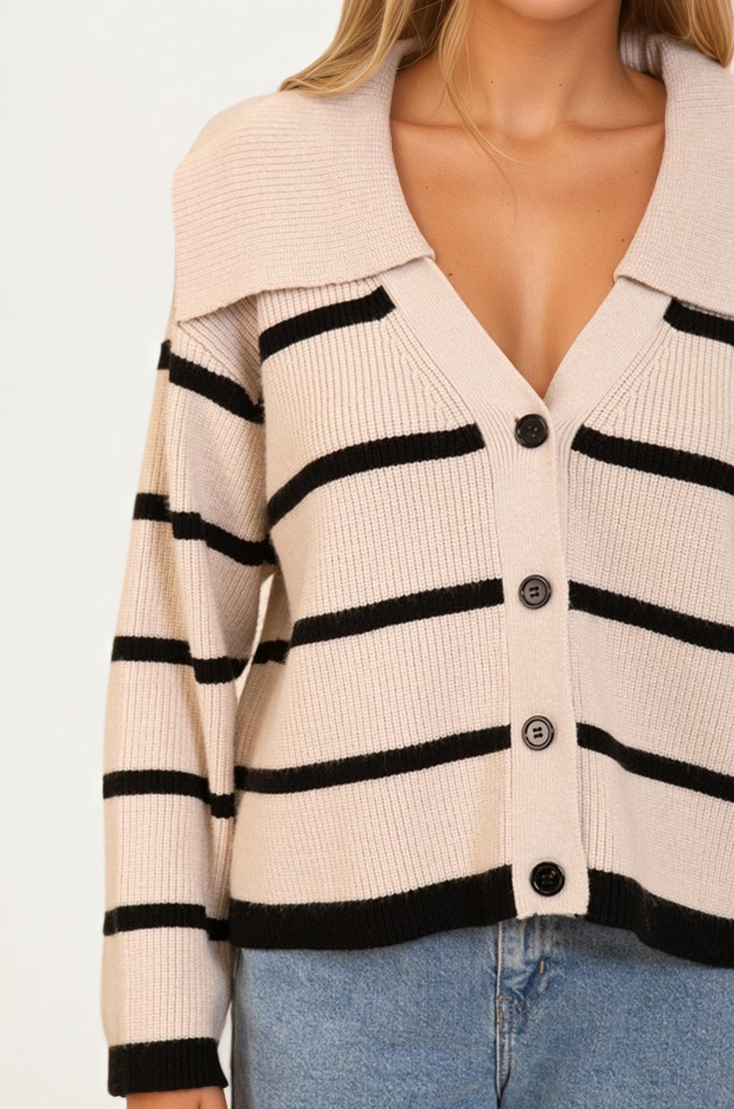 Striped Knit Cardigan with Wide Collar and Contrast Trim