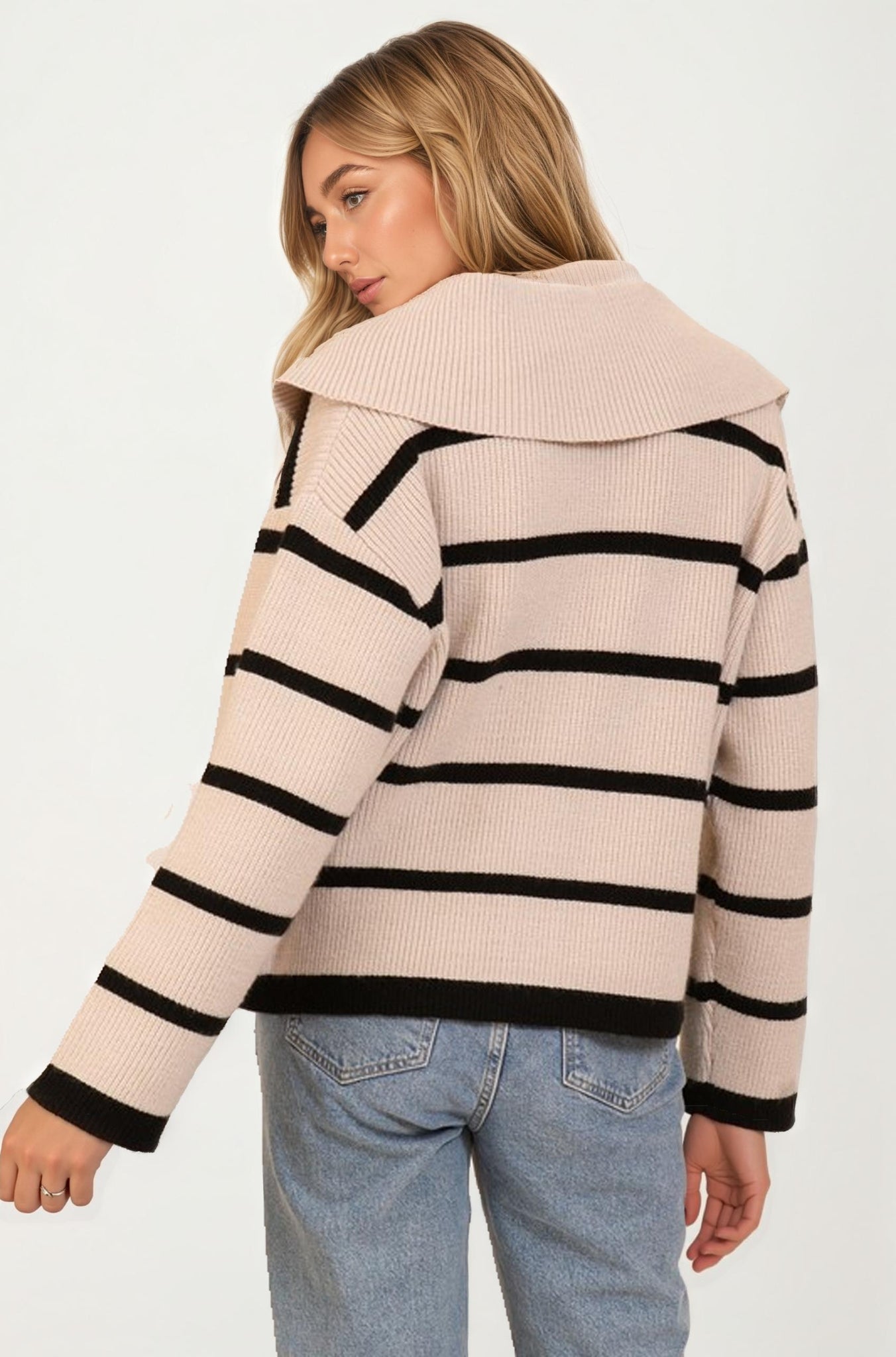 Striped Knit Cardigan with Wide Collar and Contrast Trim