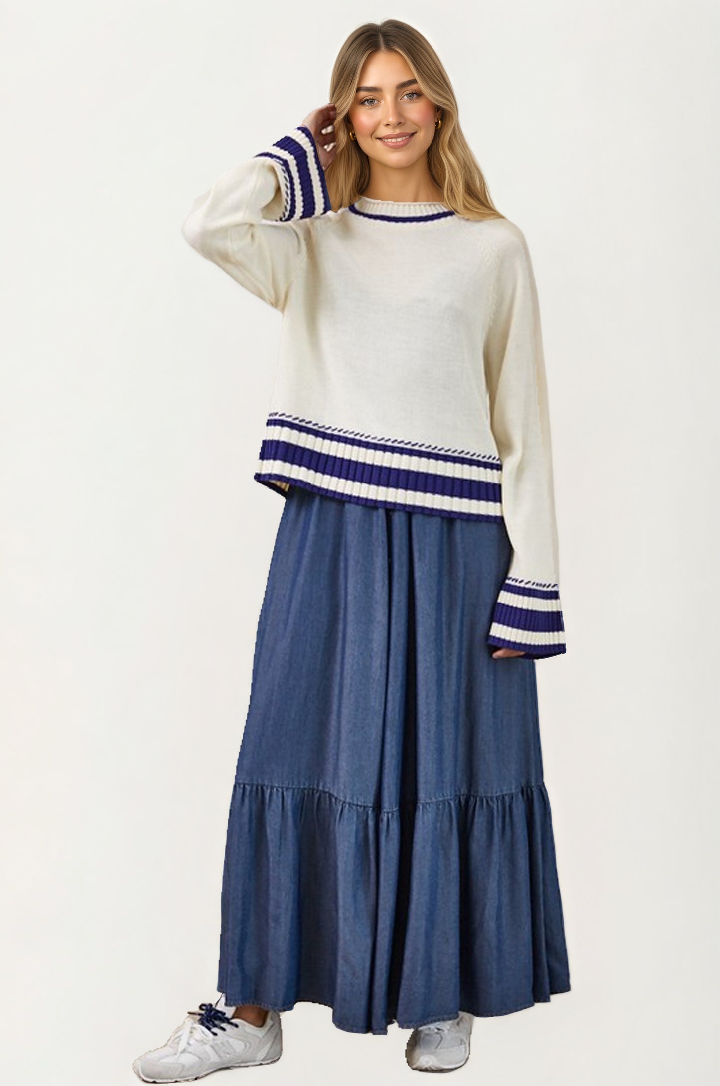 Striped Trim Knit Sweater with Relaxed Fit