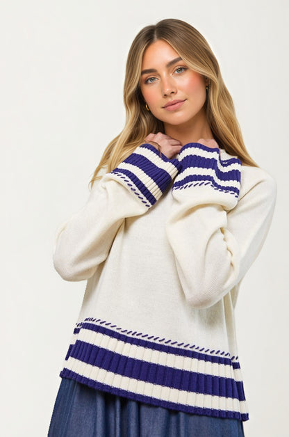 Striped Trim Knit Sweater with Relaxed Fit