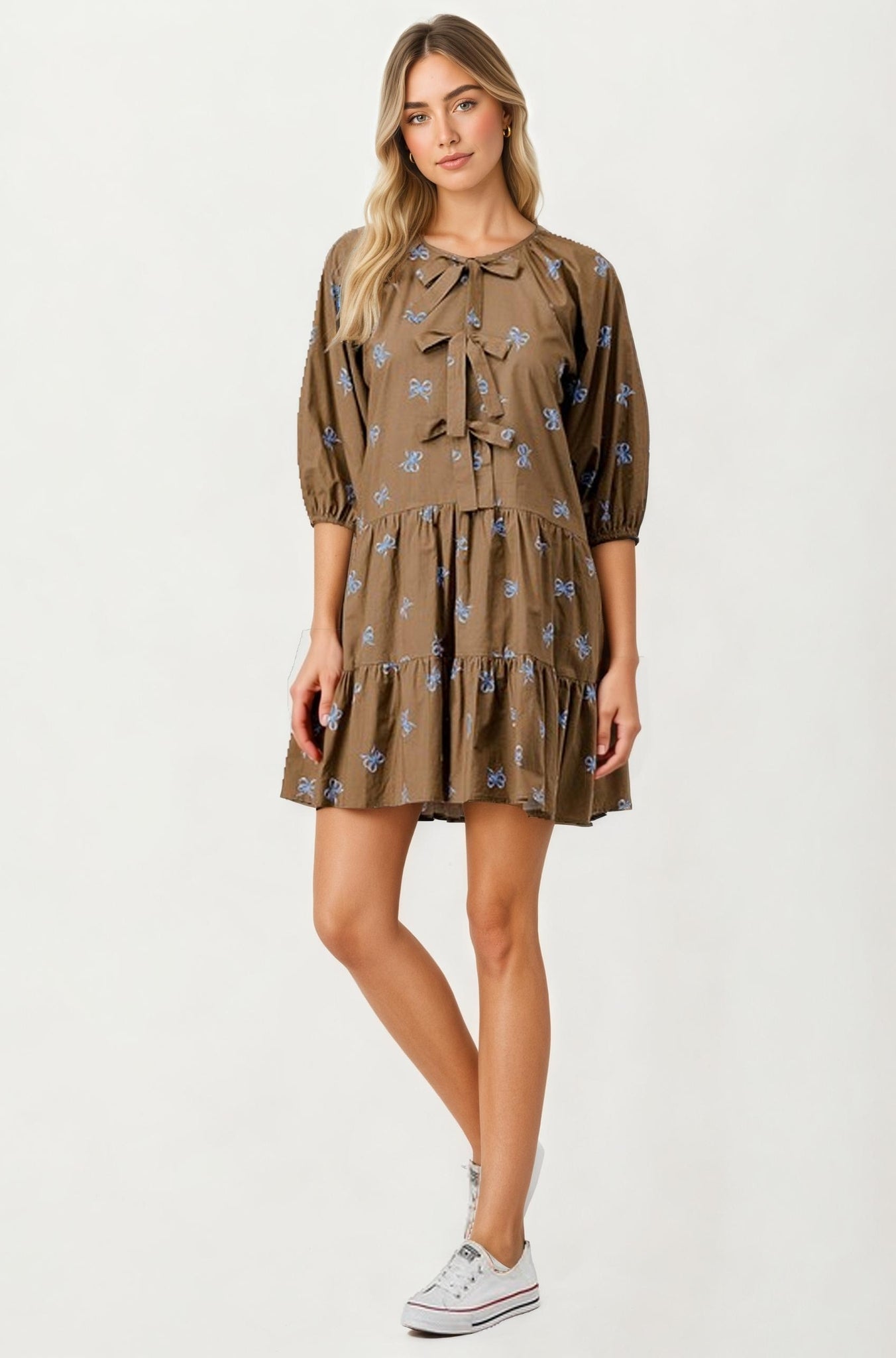 Tiered Mini Dress With Bow Embroidery