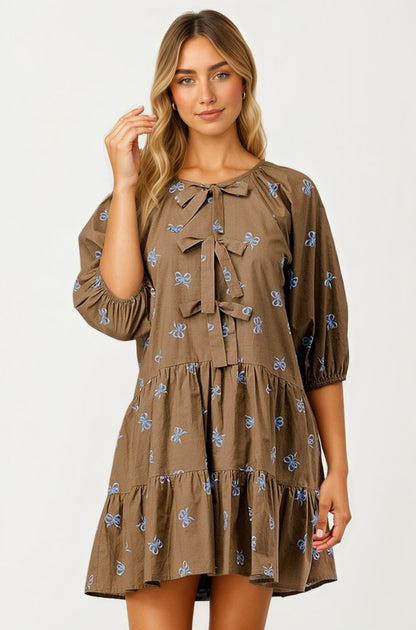 Tiered Mini Dress With Bow Embroidery
