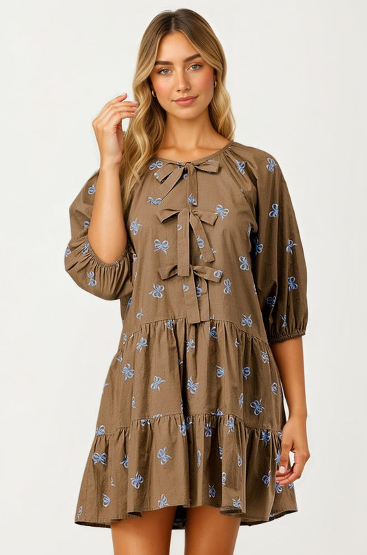 Tiered Mini Dress With Bow Embroidery