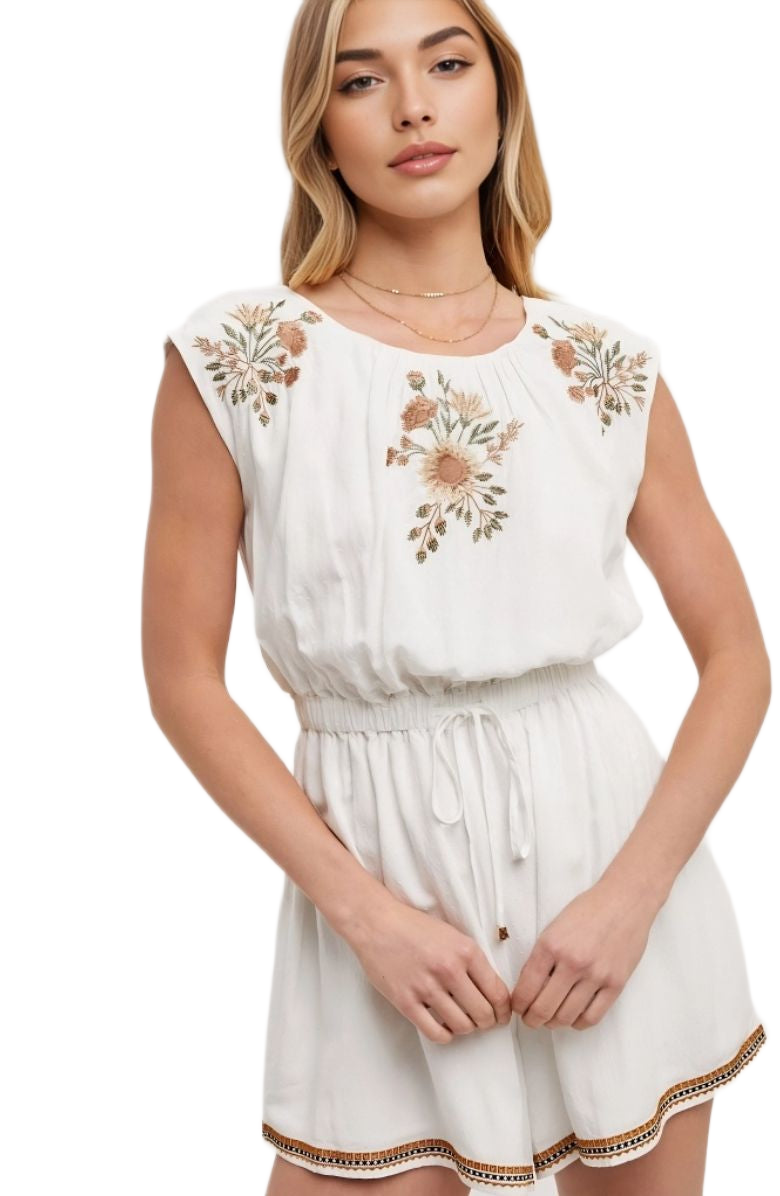 Embroidered Romper Cap Sleeves Drawstring Waist Trimmed Hem White Boho Style