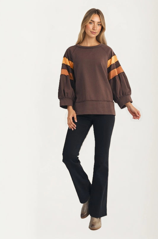Relaxed Crewneck Top with Statement Sleeve Stripes