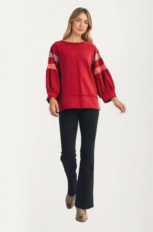 Relaxed Crewneck Top with Statement Sleeve Stripes