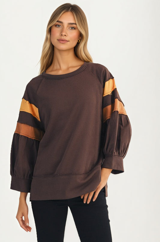 Relaxed Crewneck Top with Statement Sleeve Stripes