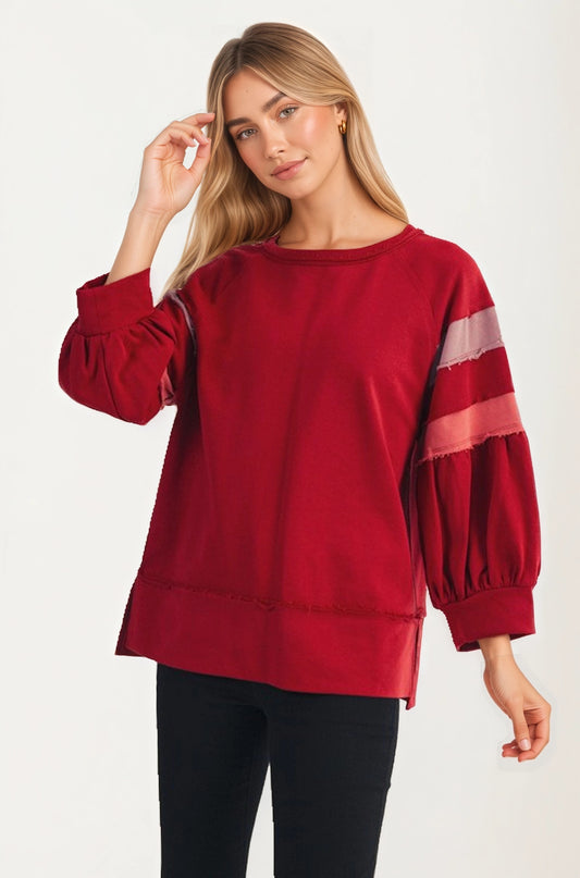 Relaxed Crewneck Top with Statement Sleeve Stripes