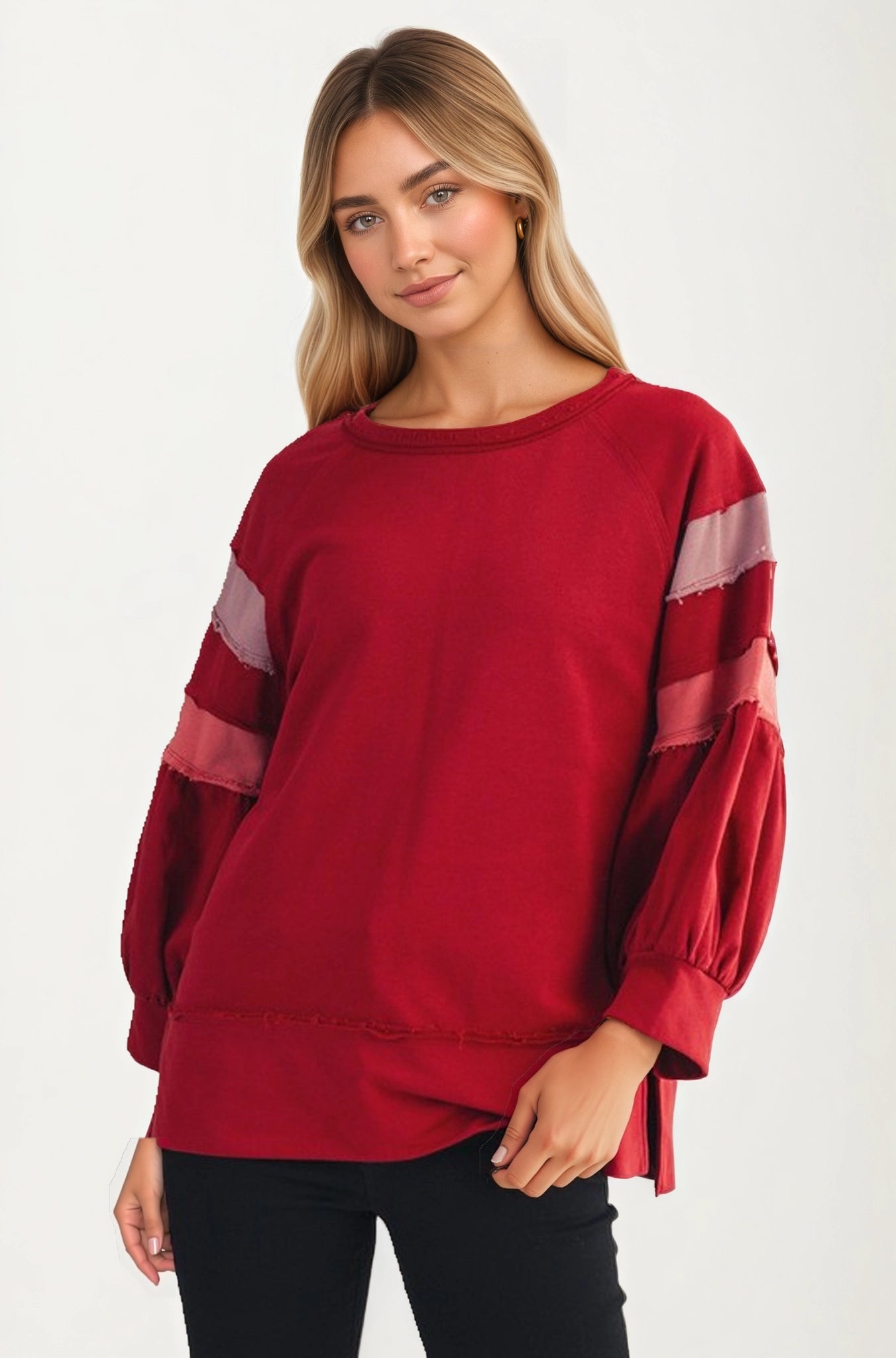 Relaxed Crewneck Top with Statement Sleeve Stripes