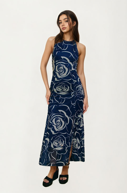 Sleeveless Navy Rose Print Maxi Dress with Slit