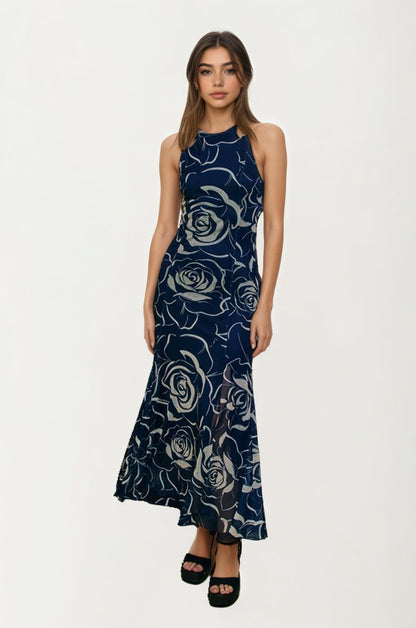 Sleeveless Navy Rose Print Maxi Dress with Slit