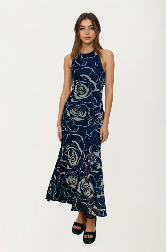 Sleeveless Navy Rose Print Maxi Dress with Slit