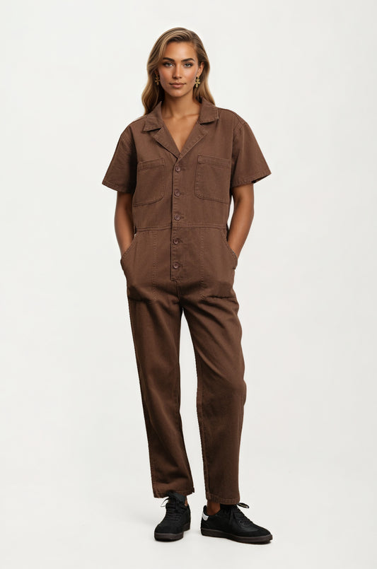 Short Sleeve Utility Jumpsuit with Button Front